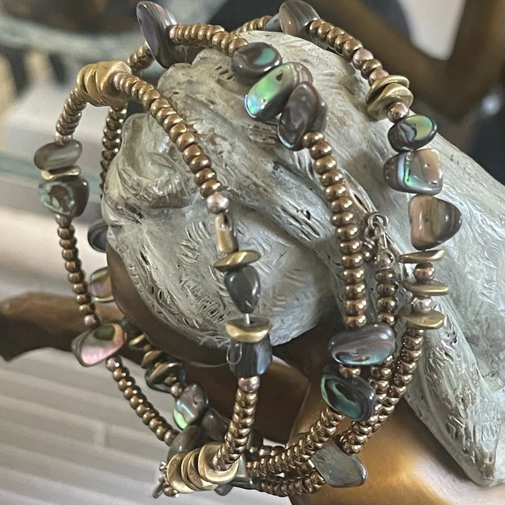 Silpada Sterling Sllver Bronze Brass Abalone Shell Glass Seed Bead Wrap Bracelet - Picture 2 of 6